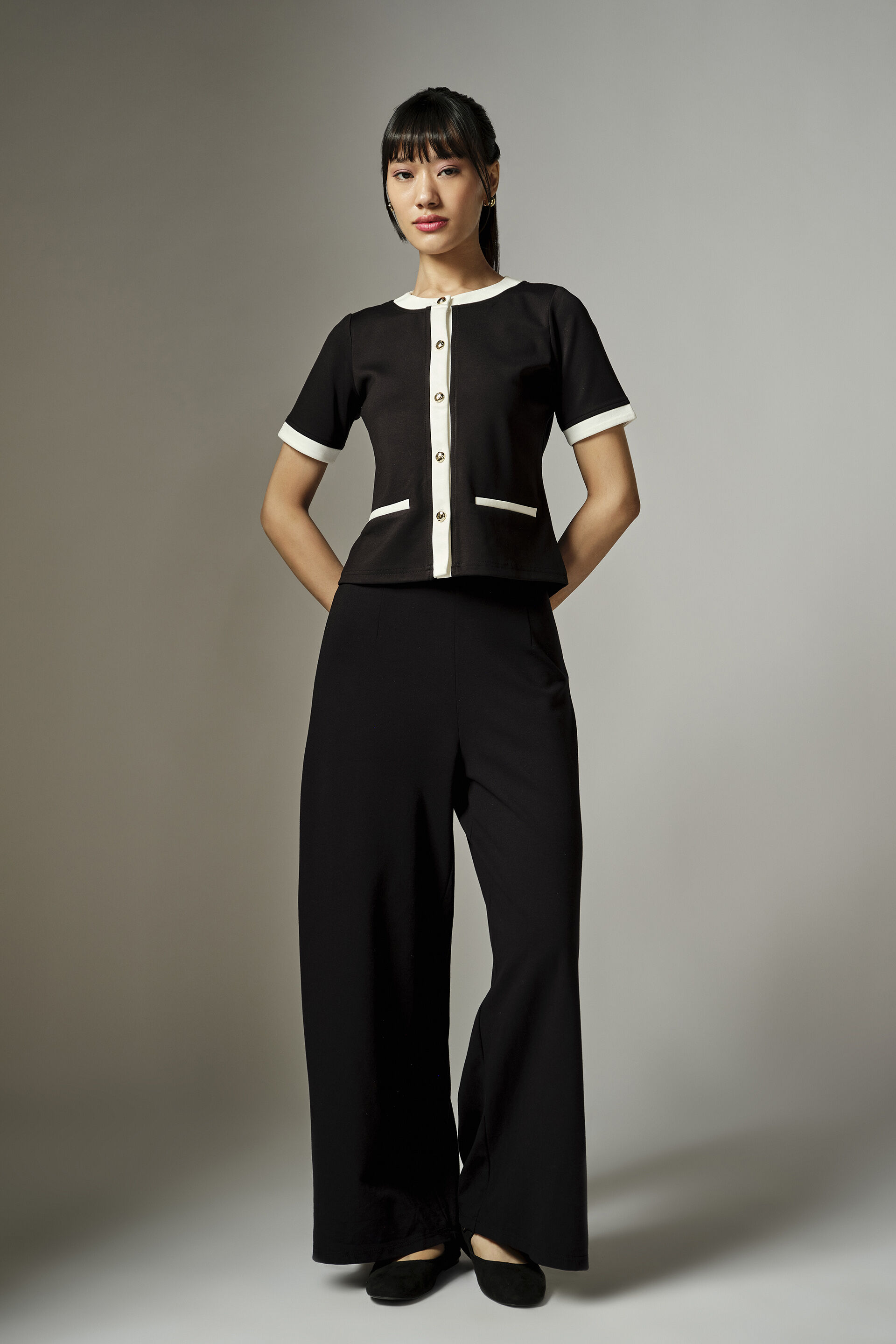 Black Contrast Trim Knit Top, Black, image 2